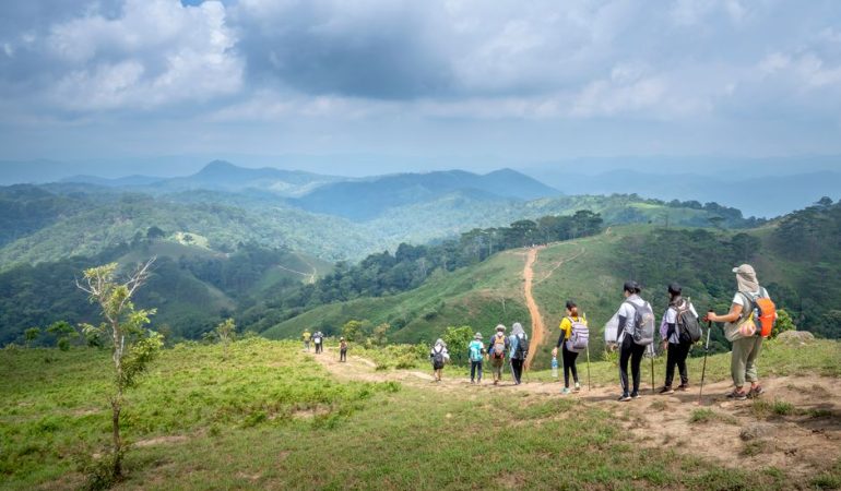 Back view of unrecognizable people with backpacks walking on path located on slope of grassy hill against backdrop of amazing alpine view on overcast weather